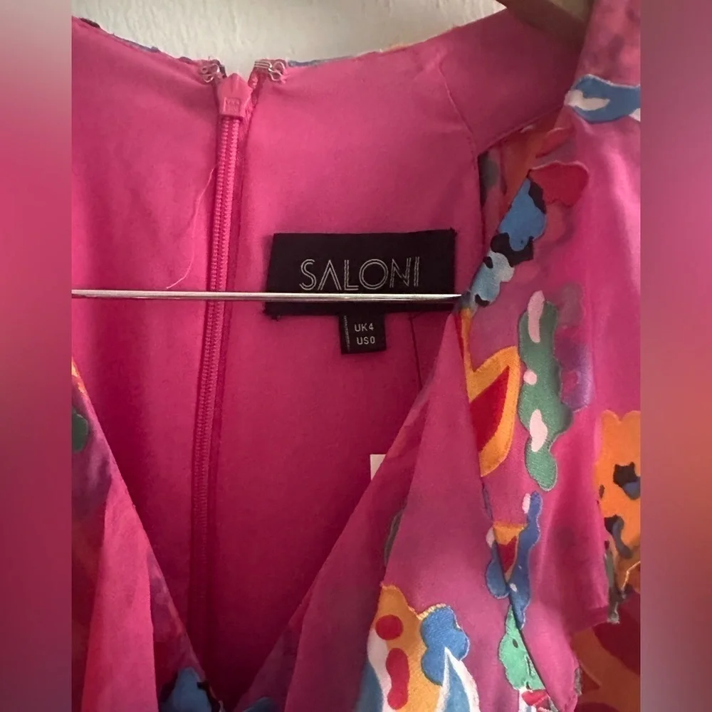 SALONI Rita Floral Silk Midi Dress in Pink Begonia Sz XS